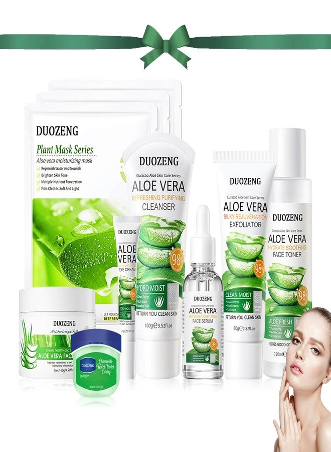 DuoZeng Skin Care Kit,Skincare Gift Set with Facial Cleanser,Toner,Serum,Eye Cream, Face Cream,Exfoliating Gel,Sleeping Lip Mask & 3 Pcs Aloe Vera Mask Kit for Women(10 Count) - Image 1